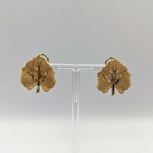 Vintage BSK Gold Tone Alder Leaf Clip on Earrings Omega Back